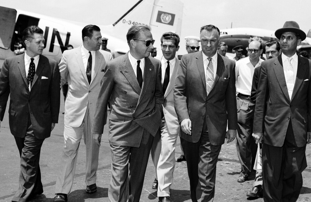 UN Secretary-General Dag Hammarskjöld  arrives at Beirut Airport to attend UN Observer Group for Lebanon meetings in Lebanon (1958)
